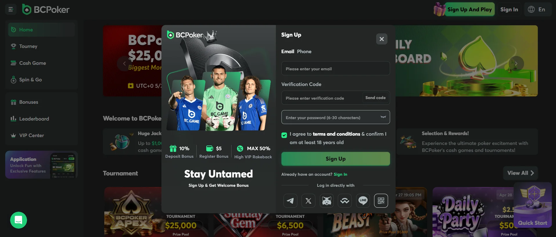 BCPoker registration page on desktop